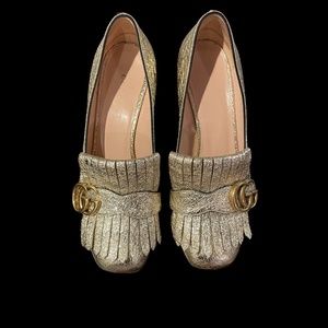GUCCI GG MARMONT MID-HEEL GOLD LEATHER PUMP
